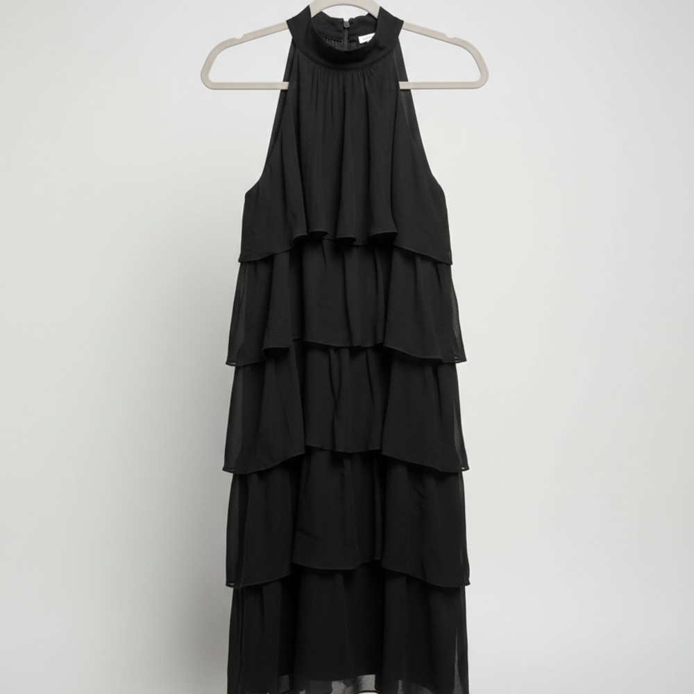 Giorgio Armani Black Label Silk Georgette Tiered Ruffle Cocktail Dress Size 10